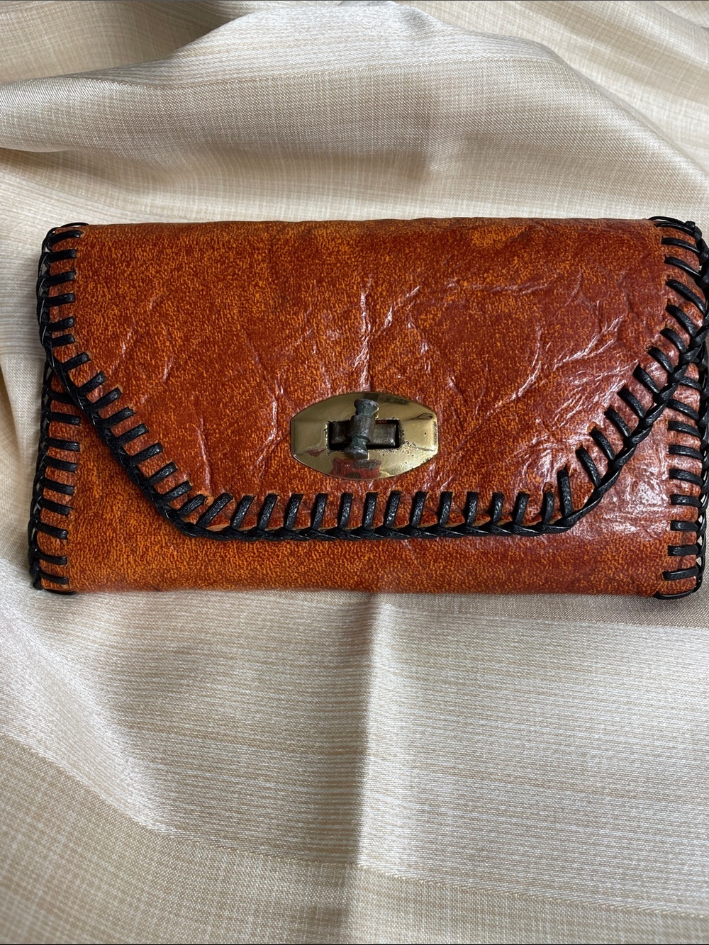 60’s Rust Whipstitched Clutch Wallet/ Vegan Faux Leather Turn-Lock